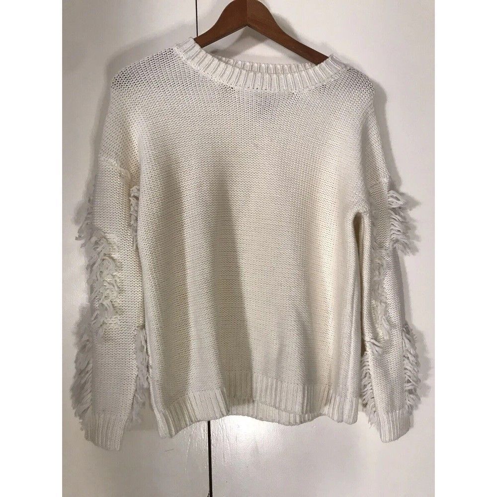 Magaschoni MAG Cream Wool Sweater Chunky Knit Crewneck Fringe Detail Casual S